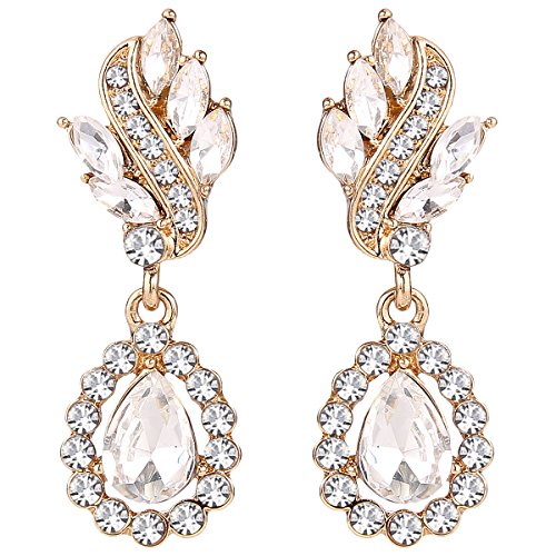EleQueen Women's Austrian Crystal Art Deco Tear Drop Dangle Earrings Clip-on - color: 04-Gold-tone Clear