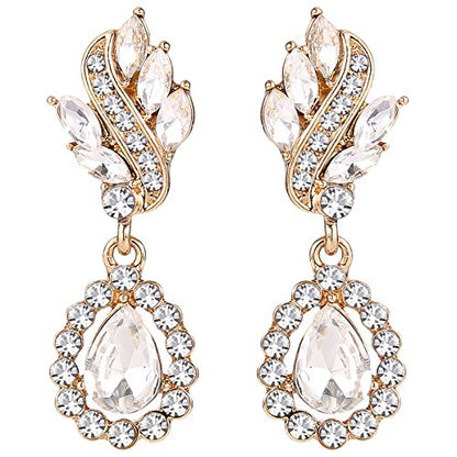 EleQueen Women's Austrian Crystal Art Deco Tear Drop Dangle Earrings Clip-on - color: 04-Gold-tone Clear
