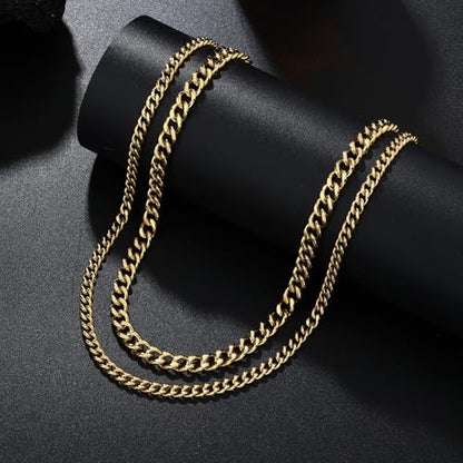2PCS Cuban Link Chain Set for Men - Gold/Silver Plated Stainless Steel Layered Chain Necklace Non-Tarnish Jewelry Gift - color: Gold, size: 20inch+22inch