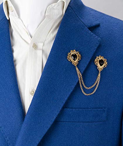 Knighthood Brooch Pin Black Stone and Gold Engraving Chain Brooch Lapel Pin Accessories for Men Women