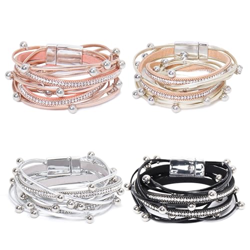 2 Pcs Leather Wrap Bracelets for Women Boho Rustic Multi-Layer Bracelet Clasp Beads Stackable Faux Rhinestone Bracelet Cuff for Women Slender Wrist - color: Black