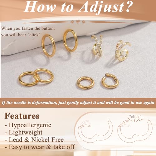 14G Huggie Hoop Earrings 6/8/10mm cross-band ear cuffs non piercing | Small 14K Plated gold Hoop Earrings for Women Hypoallergenic layered piercings Jewelry Set for Cartilage Helix Tragus Lobe