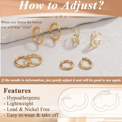 14G Huggie Hoop Earrings 6/8/10mm cross-band ear cuffs non piercing | Small 14K Plated gold Hoop Earrings for Women Hypoallergenic layered piercings Jewelry Set for Cartilage Helix Tragus Lobe