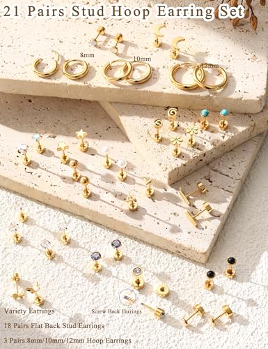 LOLIAS 21 Paris Stainless Surgical Steel Flat Back Earrings Hypoallergenic | 20G Cartilage Earring Stacks,Screw Back Nap Flatback Stud Earrings for Sensitive Ears Women,Earring Set,Pack Piercing Jewelry - color: 14K Gold-plated