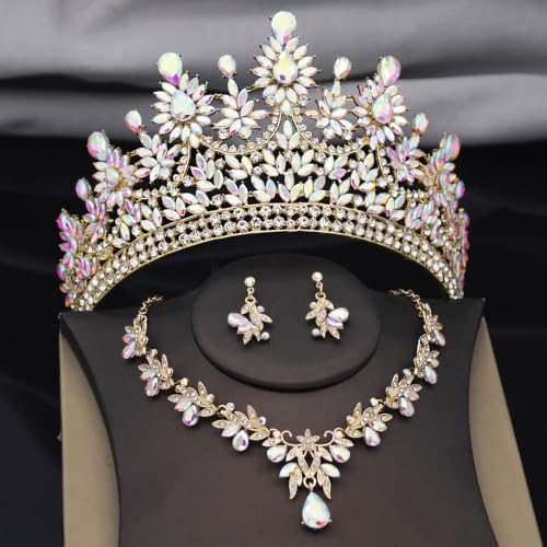 Crowns and Tiaras Jewelry Set for Women.Wedding (Gold Green) | Wedding Crown, Necklace Earrings, Princess Queen Birthday Party, Pageant Bridal, Costume Accessories - color: Gold AB