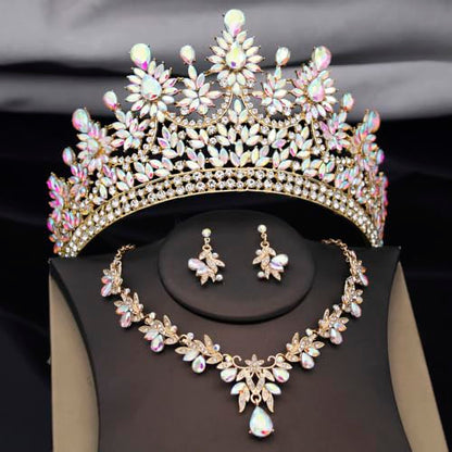 Crowns and Tiaras Jewelry Set for Women.Wedding (Gold Green) | Wedding Crown, Necklace Earrings, Princess Queen Birthday Party, Pageant Bridal, Costume Accessories - color: Gold AB