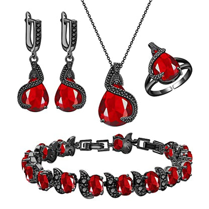 GZWHD Jewelry Set for Women Water Drop Cubic Zirconia Artificial Crystal Earrings Pendant Necklace Open Ring Tennis Bracelet Wedding Anniversary Birthday Engagement Gift for Bridesmaid Wife Girlfriend Friend - color: Black Gun-Ruby