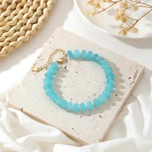 colorful Natural Stone Beaded Bracelets for Women, Boho Handmade Gemstone Bracelet, Stackable Summer Beach Jewelry - color: Lake Blue