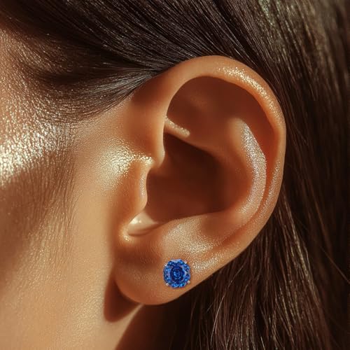 Zircon Flat Back Screw Hypoallergenic Surgical Steel Stud Earrings - color: Gem Blue, size: 2ct - 8mm