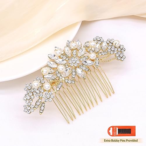 Rose Gold Wedding Hair Comb With Pearls and Crystals Wedding Hair Accessories Bridal Headpiece Or For Parties (Gold) - color: Gold