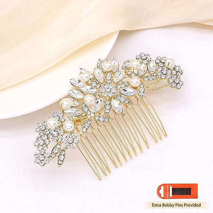 Rose Gold Wedding Hair Comb With Pearls and Crystals Wedding Hair Accessories Bridal Headpiece Or For Parties (Gold) - color: Gold