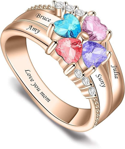 Custom Multi-Stone Family Ring 925 Sterling Silver/10K/14K/18K Gold Colored Personalized (2-8 stones) Birthstone Engraved Ring for Women Mom Wife Jewelry Gifts - style: Four Stone