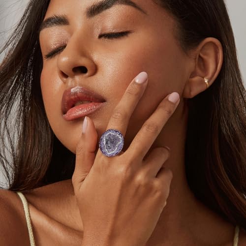 HZMAN Natural Stone Statement Ring for Women, Crystal Paved Bold Cocktail Ring, Adjustable Gold Tone Fashion Jewelry - color: Amethyst Druzy Stone