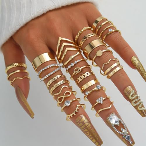 Golden Silvery Knuckle Rings Set for Women, Stackable Rings Bohemian Crystal Hollow Carved Flowers Joint Finger Rings Pack Fashion Jewelry Gifts for Birthday - color: 60 PCS