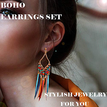 Gold Bohemian Earrings Set with Feather Tassel for Women