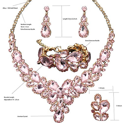 Women's Wedding Bridal Austrian Crystal Glass Teardrop Statement Necklace Dangle Earrings Bracelet Ring Wedding Party Jewelry Set for Bridal Bridesmaid - color: Light Pink-Gold Plated