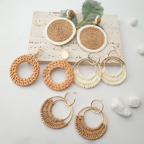 Raffia Hoop Earrings for Women Fun Boho Summer Beach Earrings Lightweight Handmade Straw Wicker Rattan Dangle Earrings Statement Geometric Round Drop Earrings - color: Set - Round