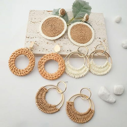 Raffia Hoop Earrings for Women Fun Boho Summer Beach Earrings Lightweight Handmade Straw Wicker Rattan Dangle Earrings Statement Geometric Round Drop Earrings - color: Set - Round
