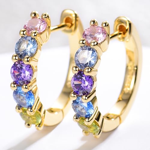 Evabelle Gold Hoop Earrings for Women 14K Real Gold Plated Cubic Zirconia Diamond Hoop Earrings Huggie Hoop Earring Women Earrings Earring for Men 925 Sterling Silver Post Hypoallergenic - color: Hoops 04-Colorful-14K Gold Plated