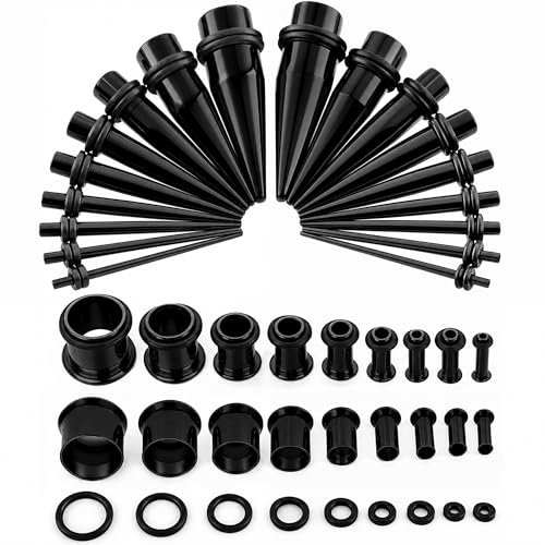 BodyJ4You 36PC Ear Stretching Kit - Complete Beginner Set 14G-00G | Gauges for Ears Stainless Steel Tapers Single Flare Plugs Tunnels - Dead Stretching Lobe Men Women Expander - color: Black, Single Flare