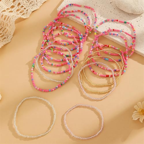 18Pcs Boho Stackable Beaded Bracelets for Women Colorful Handmade Multilayered Rice Beads Anklets Set Summer Beach Bohemian Jewelry Gift - color: Style 1 Pink A