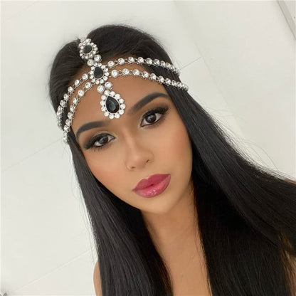 Bohemian Full Silver Rhinestone Chain Black Crystal Head Chain Clip Drop Pendant HeadPieces Forehead Headband Hair Accessories for Wedding Brides Party Prom Costume (Silver Black) - color: Silver Black