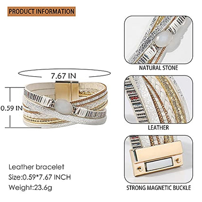 Vercret Leather Wrap Bracelet for Women, Multi-Layer Cuff Bangle | Boho Stacked Bracelets with Safe Clasp Western Bangle Jewelry Gift for Lady and Mom Sister Friend - style: White Leather Bracelet
