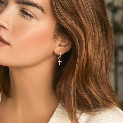 DAILY VIBES Cute Butterfly Star Cross Heart CZ Dangle Earrings for Women | 925 Sterling Silver Post, 14K Gold or Silver Plated, Mini Cubic Zirconia Dainty Drop, Cartilage Small Huggie Hoop Earrings - color: Gold Cross CZ