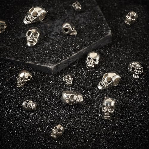 Elecrelive 50Pcs Alloy Skull Beads Skeleton Head Beads 10 Styles Antique Silver Halloween Charms for Gothic Necklace Bracelets Earrings Jewelry Making - color: Antique Silver