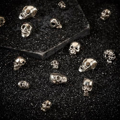 Elecrelive 50Pcs Alloy Skull Beads Skeleton Head Beads 10 Styles Antique Silver Halloween Charms for Gothic Necklace Bracelets Earrings Jewelry Making - color: Antique Silver