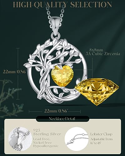 FANCIME Tree of life Birthstone necklace Sterling Silver Pendant Birthstone Necklace Gemstone Anniversary Birthday Jewelry Mothers Day Gifts for Mom Her Wife - color: Nov.-Citrine