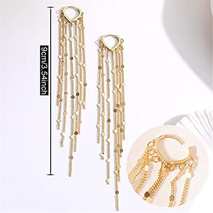 Chic Charm 14k Gold Silver Plated Big Chandelier Tassel Long Chain Geometry Huggie Hoop Dangle Drop Earrings for Women Statement Jewelry Gifts - color: Gold