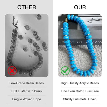 Colorful Chunky Acrylic Beaded Choker Necklaces for Women | Multicolor Faceted Beads, Sturdy Metal Chain, Adjustable Detachable, Lightweight, Summer Boho, Sparkly Statement Jewelry Gift - color: Lake Blue