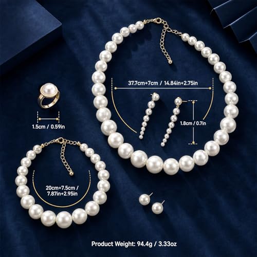 4 Pcs Pearl Necklace Set for Women, Large Faux Pearls Jewelry with Earrings Bracelet, Collar De Perlas Accessories Para Mujer