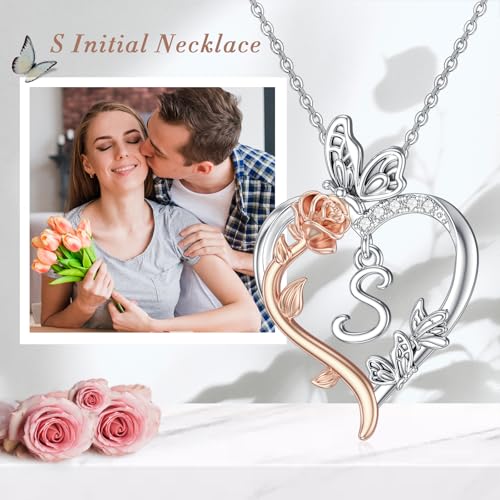 TOUPOP Gifts for Women Her 925 Sterling Silver Rose Heart Initial Necklace Butterfly Heart Jewelry Anniversary Birthday Gifts for Wife Girlfriend Mom - color: S Initial
