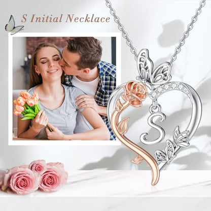 TOUPOP Gifts for Women Her 925 Sterling Silver Rose Heart Initial Necklace Butterfly Heart Jewelry Anniversary Birthday Gifts for Wife Girlfriend Mom - color: S Initial