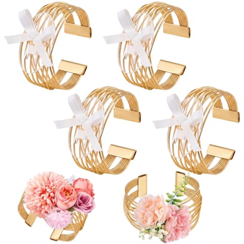 Hotop 4 Set Gold Corsage Wrist Bracelet Bands Multi-layer Line Web Bride Bracelet Adjustable Wrist Corsage DIY Wedding Wristband Wide Open Cuff Accessory for Bridal Party Prom - color: Gold, style: Line Web