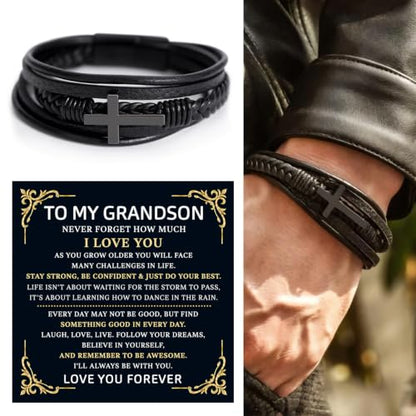 To My GrandSon Bracelet – Cross Braided Leather Bracelet, Meaningful GrandSon Gift from Grandpa & Grandma with Heartfelt Message Card & Elegant Gift Box for Birthday, Christmas, Graduation - color: Version#8