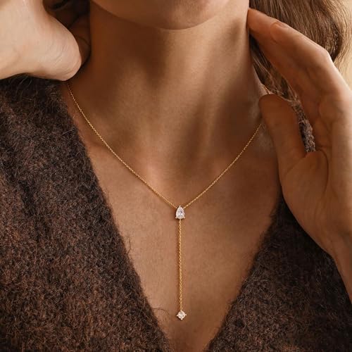 Ewrkbr Long Necklaces for Women, Dainty Gold Drop Necklace 14k Gold Plated CZ Y Shaped Lariat Necklace Simple Gold Necklaces for Women Trendy Summer Beach Accessories Wedding Prom Jewelry Gifts - color: Gold-Tear Drop