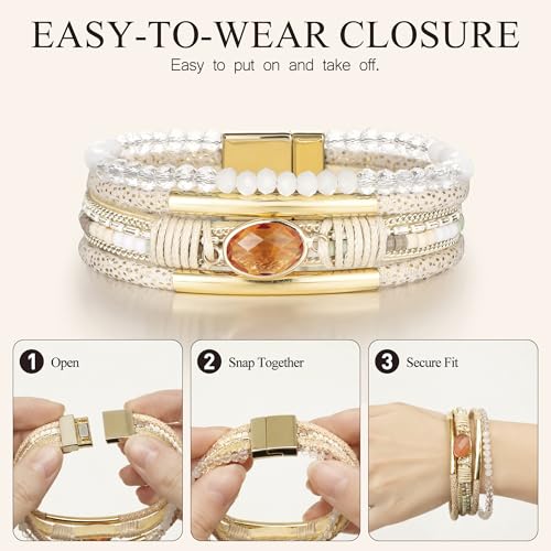 Edoneery Leather Wrap Bracelets for Women, Boho Layered Cuff Bangle | Multi-layer Leather Cuff, Daily wear, Stackable Bangle, Easy on-off, Western Jewelry Gifts for Women - color: Beige-3