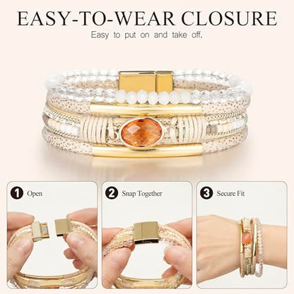 Edoneery Leather Wrap Bracelets for Women, Boho Layered Cuff Bangle | Multi-layer Leather Cuff, Daily wear, Stackable Bangle, Easy on-off, Western Jewelry Gifts for Women - color: Beige-3