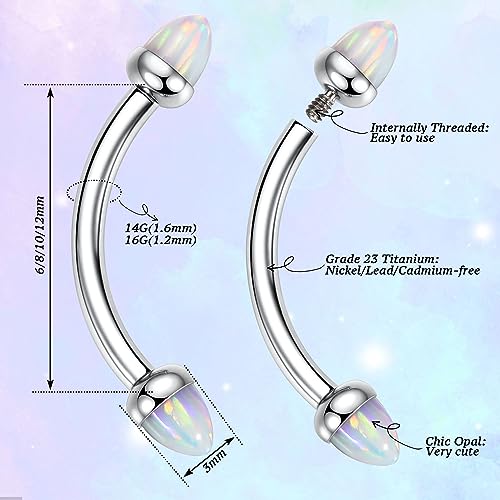 G23 Titanium Eyebrow Piercing Jewelry Eyebrow Rings Curved Barbell 16G Eyebrow Belly Button Ring Navel Rings Rook Daith Earrings Lip Ring Eyebrow Jewelry 6mm-12mm - color: 2PCS,Cone Shape White Opal,Silver