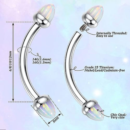G23 Titanium Eyebrow Piercing Jewelry Eyebrow Rings Curved Barbell 16G Eyebrow Belly Button Ring Navel Rings Rook Daith Earrings Lip Ring Eyebrow Jewelry 6mm-12mm - color: 2PCS,Cone Shape White Opal,Silver
