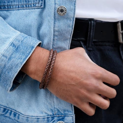 RTZN® Brown Leather Bracelet for Men – Premium Artisan Handcrafted Mens Leather Bracelet – Multi-Stand Mens Bracelet Leather Collection | Beaded Tiger Eye, Silver Chain, and Braided Brown Leather - color: Double Braided, size: Small