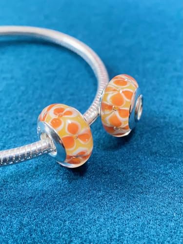 2pcs Authentic 925 Silver Murano Glass Flower Charms for Pandora Bracelets - color: 06-Orange flowers