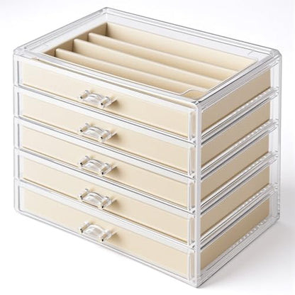 5 Drawer Acrylic Necklace Holder Organizer, Clear Stackable Jewelry Box with Adjustable Velvet Trays for Necklace, Earring, and Ring Storage Display