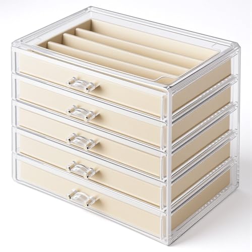 5 Drawer Acrylic Necklace Holder Organizer, Clear Stackable Jewelry Box with Adjustable Velvet Trays for Necklace, Earring, and Ring Storage Display