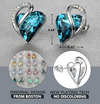 Infinity Love Heart Stud Earrings for Women, Birthstone and Healing Stone, Gifts for Mom, Wife, and Her, Silver Plated - color: 12b-December-Healing Stone for Relaxation-Indicolite Zircon Blue