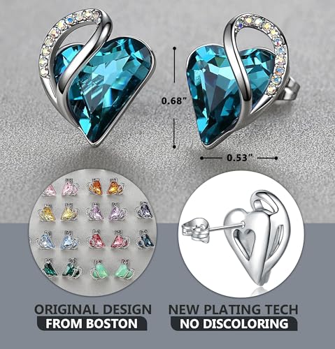 Infinity Love Heart Stud Earrings for Women, Birthstone and Healing Stone, Gifts for Mom, Wife, and Her, Silver Plated - color: 12b-December-Healing Stone for Relaxation-Indicolite Zircon Blue
