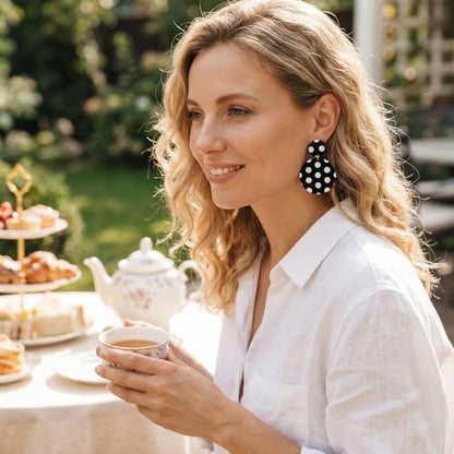 Gorgeous Black And White Earrings - Stylish Polka Dot Earrings. Beautiful Acrylic Dangle Drops, Lightweight Retro Geometric Jewelry To Elevate Daily Outfits Smoothly.